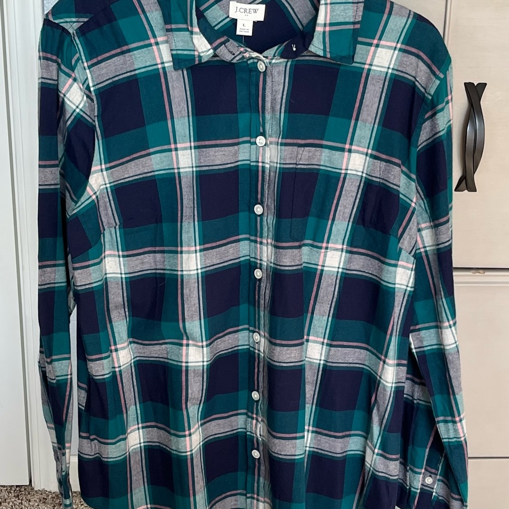 J. Crew Woman’s  Casual Plaid Shirt - Teal, Pink and Navy